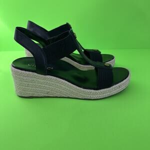 Vionic Calera Wedge Sandals Womens 7.5 Black Leather Espadrille Arch Support